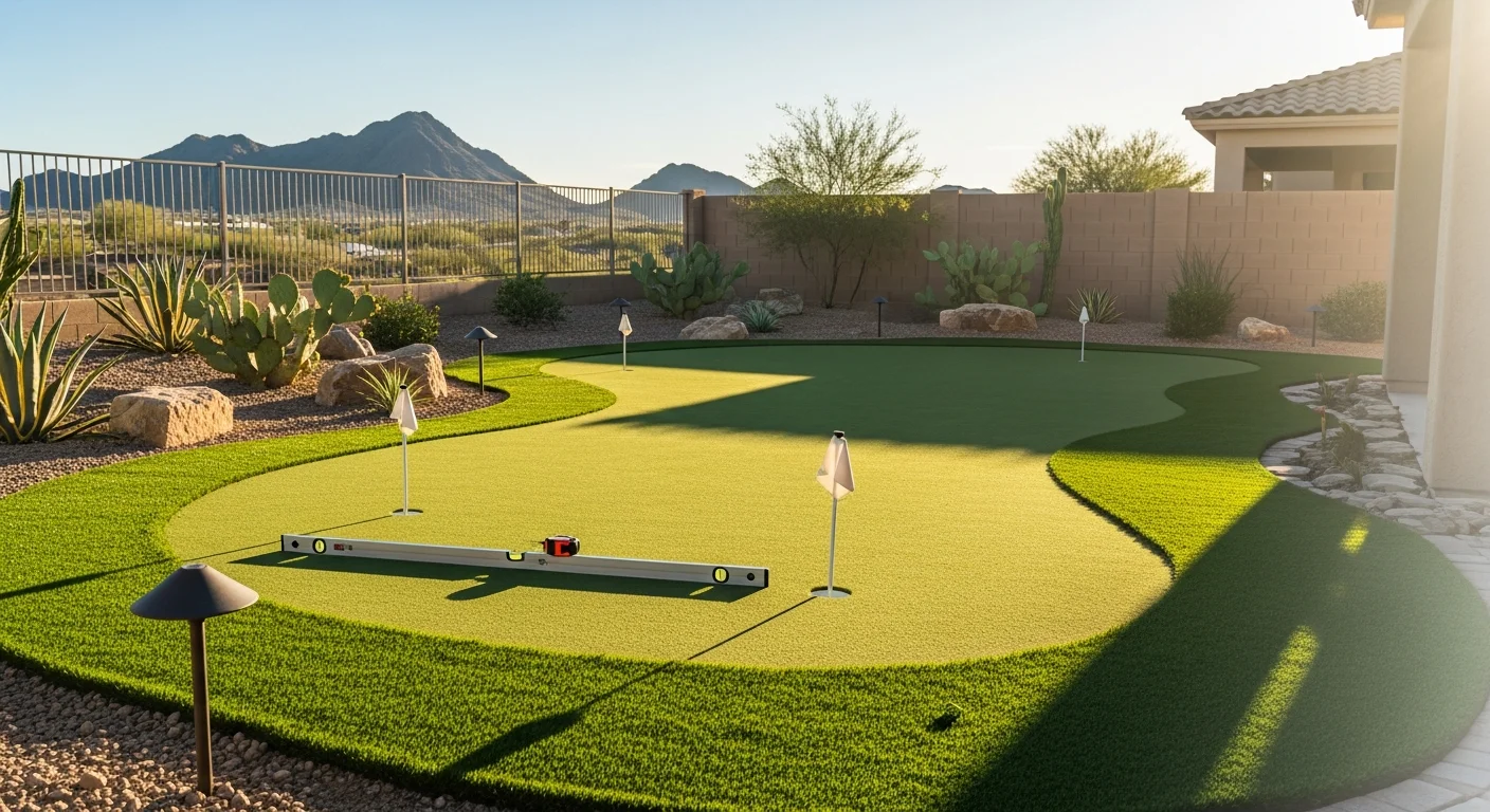 Outdoor living features including synthetic turf and water features in Arizona