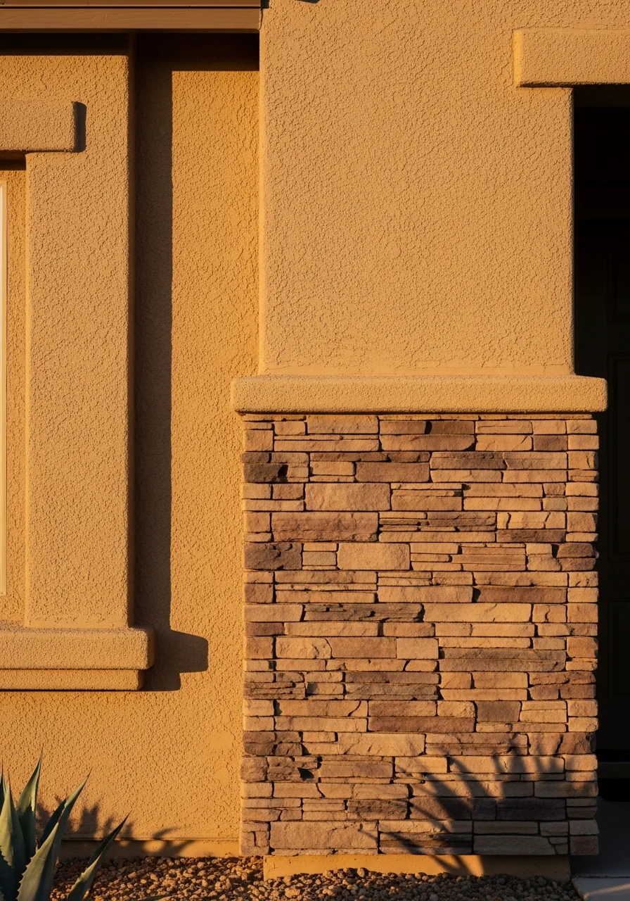 Close-up of stone and stucco exterior detail on a Gold Canyon residence.