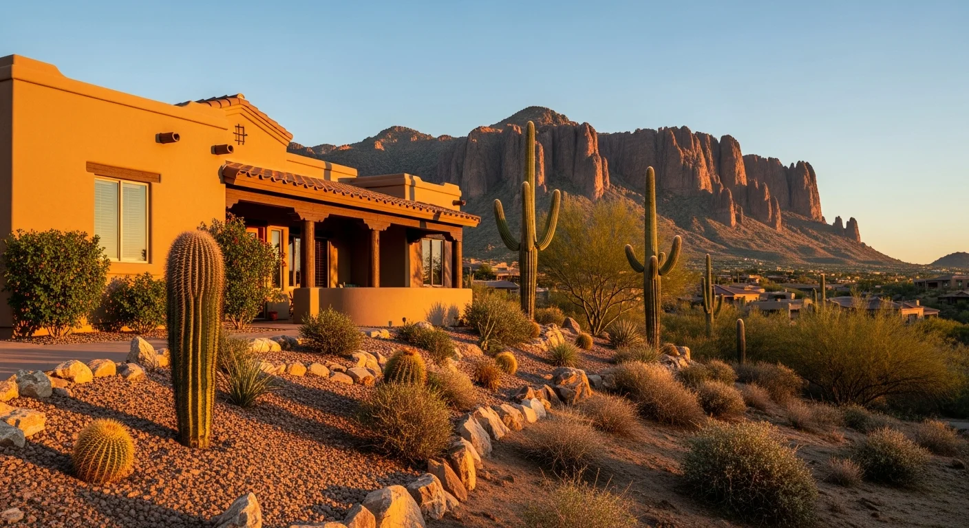 Hillside home in Gold Canyon with desert landscaping and mountain backdrop at sunset.