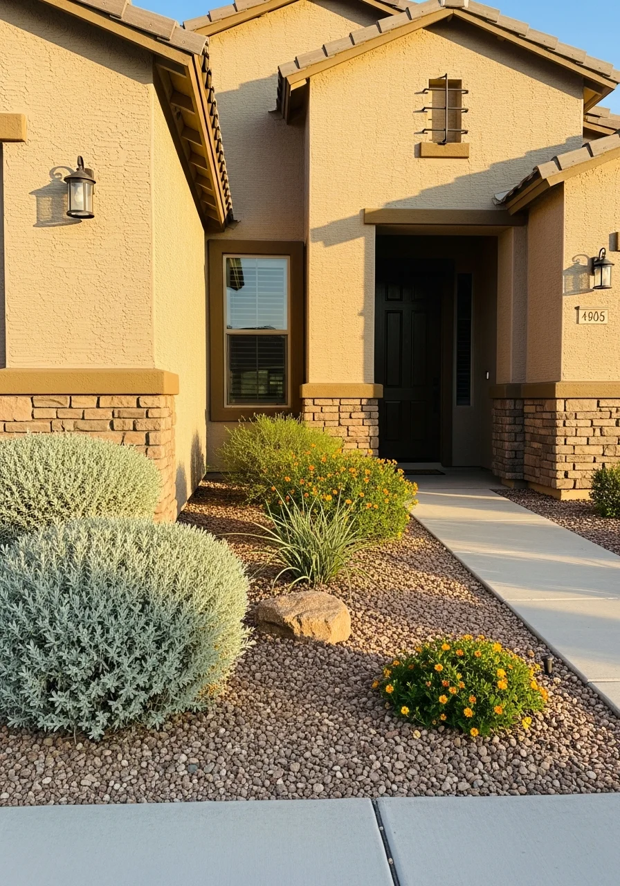 Detail of a Mesa home's front entrance and landscaping in afternoon light.