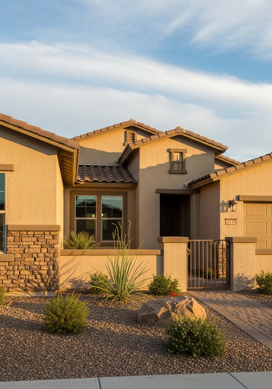 Front view of a contemporary San Tan Valley home with stucco and tile details.
