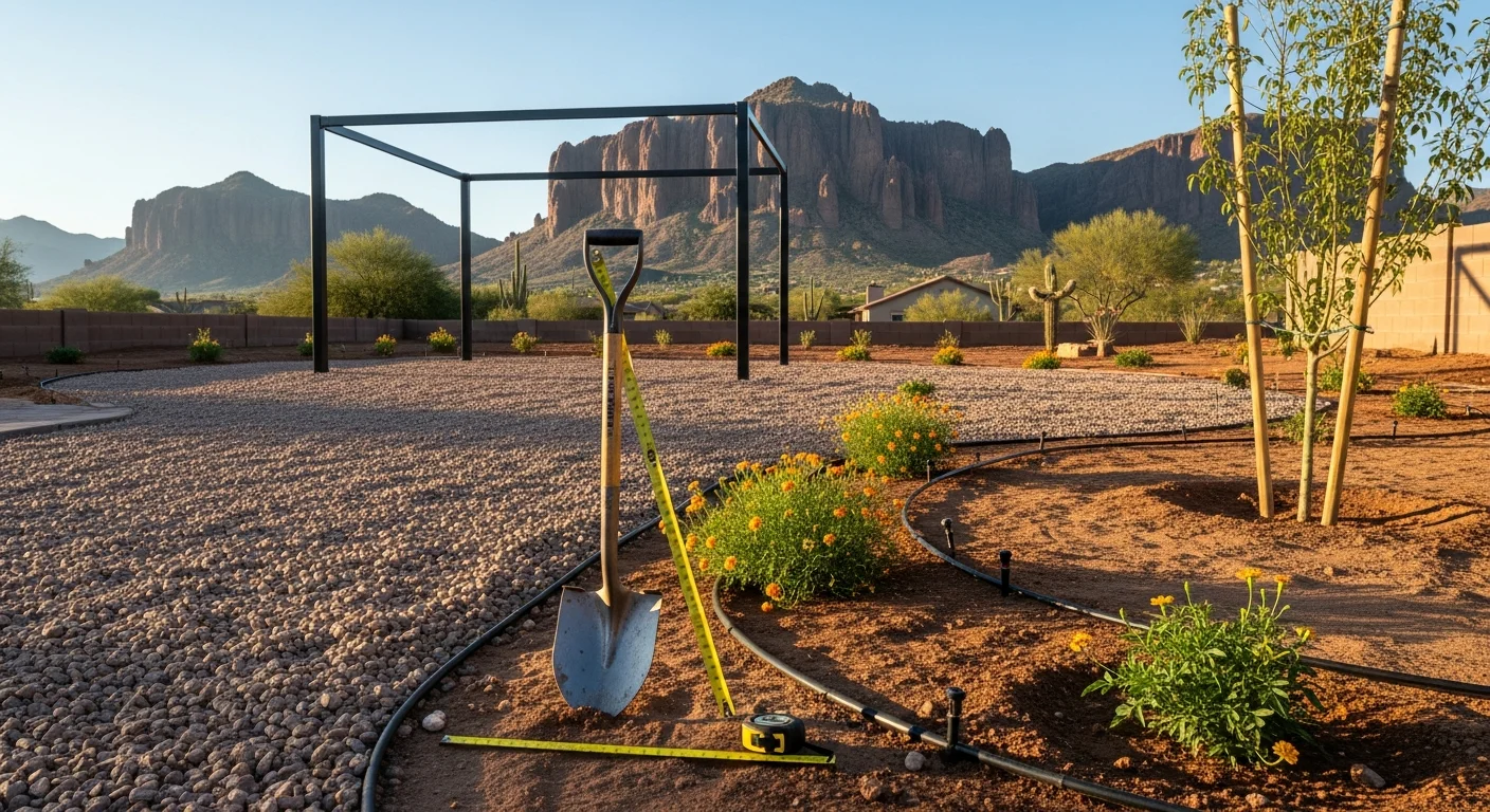 A renovated Gold Canyon backyard featuring a covered patio, desert-adapted plantings, and a paver hardscape with the Superstition Mountains visible in the background. The outdoor space includes a shaded seating area and a drip-irrigated planting bed suited to Arizona's desert climate.