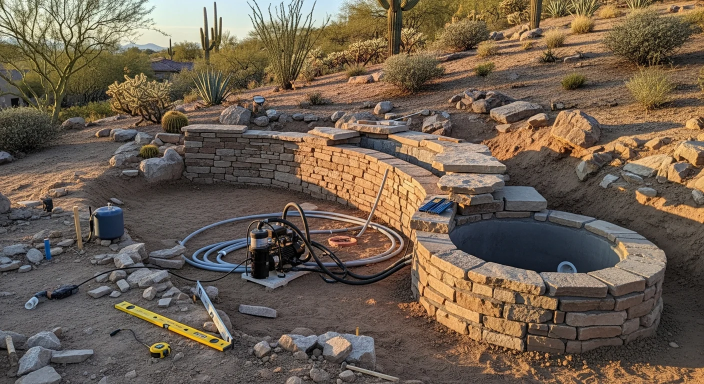 A custom stone waterfall cascading into a recirculating pond in a Gold Canyon, Arizona backyard, surrounded by desert-native rock and drought-adapted landscaping. The feature is set against a warm desert sky with the rugged Superstition Mountain terrain visible in the background.