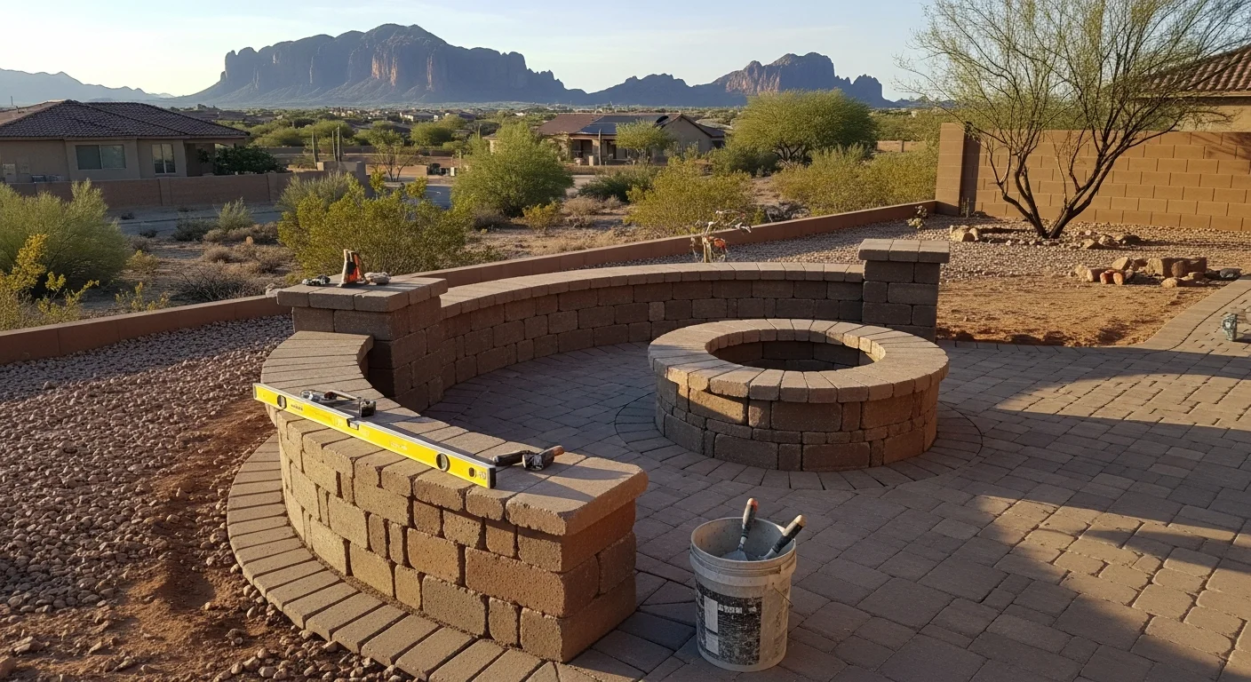A custom built-in fire pit with stacked stone surround and paver seating area installed in a Gold Canyon, AZ backyard, with open desert views in the background. The fire feature is integrated into a hardscape patio built by Xtreme Backyards AZ.