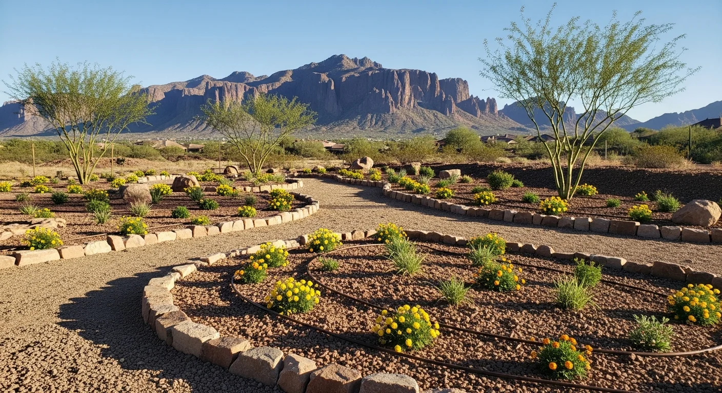 Completed front yard landscaping on a Gold Canyon, Arizona home featuring decomposed granite ground cover, desert-adapted plants, and a paved walkway leading to the front entry with the Superstition Mountains visible in the background. The design uses layered rock borders and low-water plantings suited to the Sonoran Desert climate.