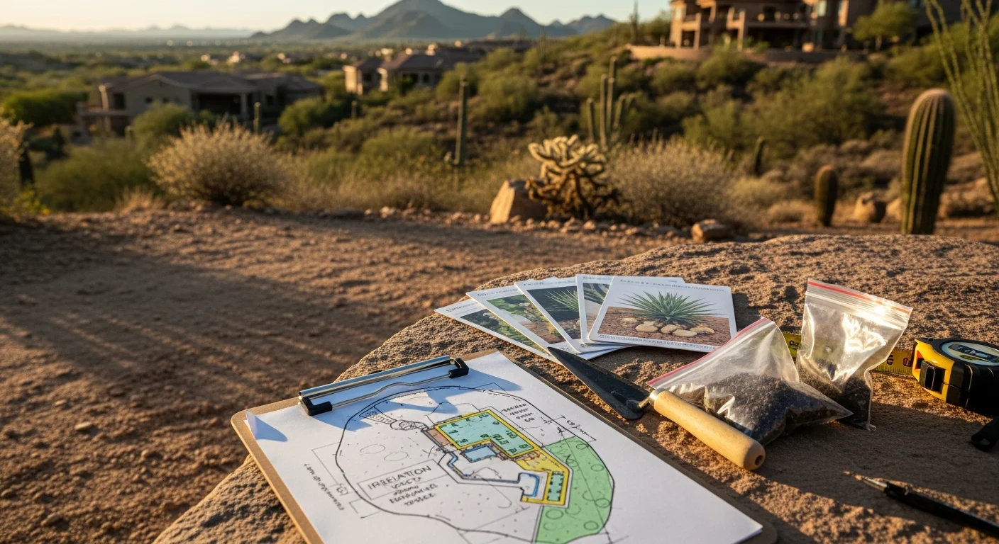 A Gold Canyon homeowner and a landscape designer reviewing a site plan on a sloped desert lot with the Superstition Mountains visible in the background. The consultation takes place on an undeveloped backyard with decomposed granite soil and native desert vegetation.