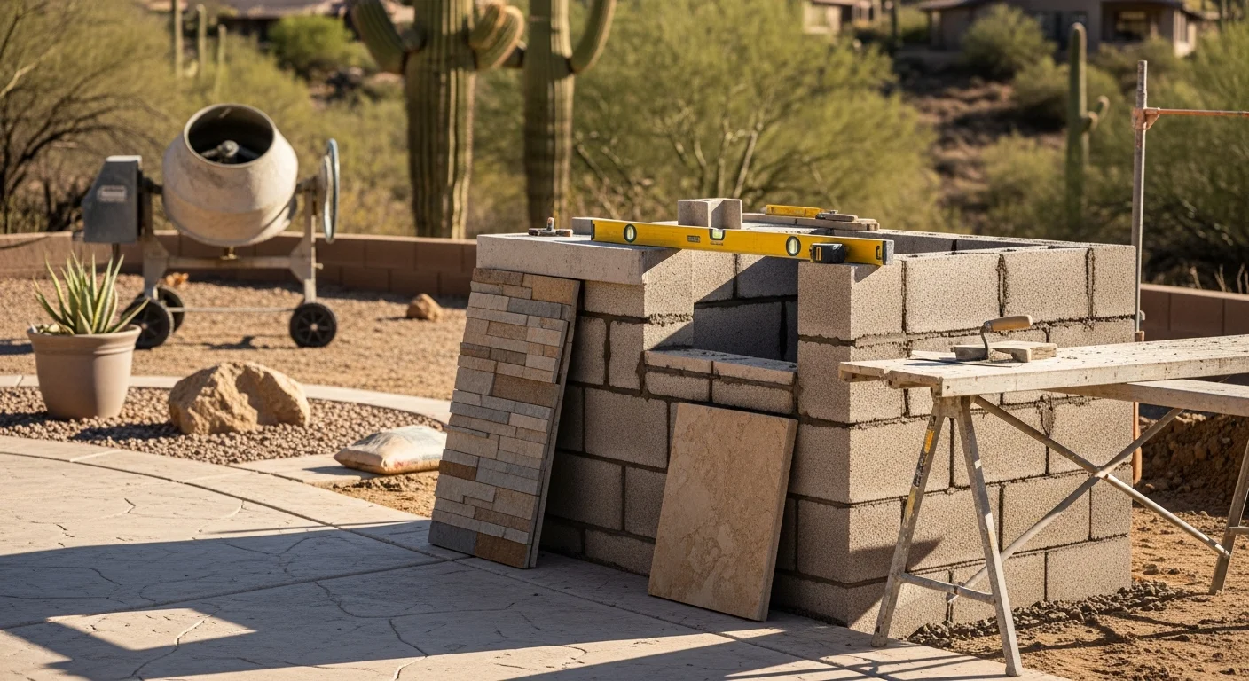 A finished masonry BBQ island with stone veneer and a built-in grill installed in a Gold Canyon backyard, set against a desert landscape with a covered patio. The island includes countertop prep space and storage access doors, showing a clean, permanent outdoor cooking station.