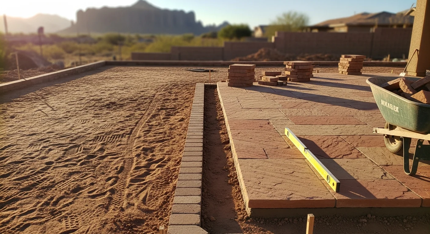 A finished natural stone patio installed by Xtreme Backyards Az on a Gold Canyon residential property, with warm-toned stone surfaces set against a desert landscape and Superstition foothills in the background. The patio surface is level, dry-laid with tight joints, and graded to direct water away from the home.