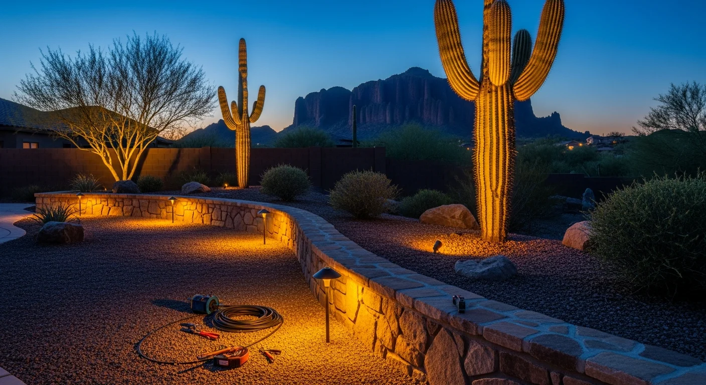 Professionally installed outdoor lighting illuminating a desert backyard patio in Gold Canyon, Arizona, with warm downward-facing fixtures accenting a stone retaining wall and native desert plants at night. The Superstition Mountains are visible in the dark background beyond the lit outdoor living area.