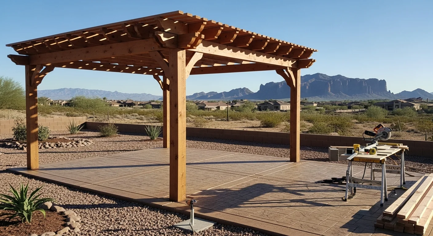 A custom pergola installed in a Gold Canyon, Arizona backyard, with desert mountain views in the background and a paver patio beneath the shaded structure. The pergola posts are anchored to the patio surface with the Superstition Mountains visible on the horizon.