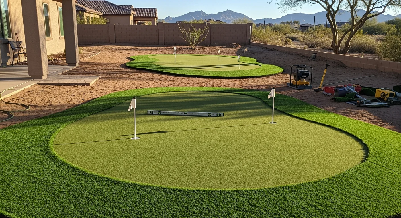 A custom synthetic putting green installed in a Gold Canyon backyard, featuring contoured turf, two cup holes, and a compacted base bordered by desert landscaping. The surface is level and green against a backdrop of Arizona desert terrain.