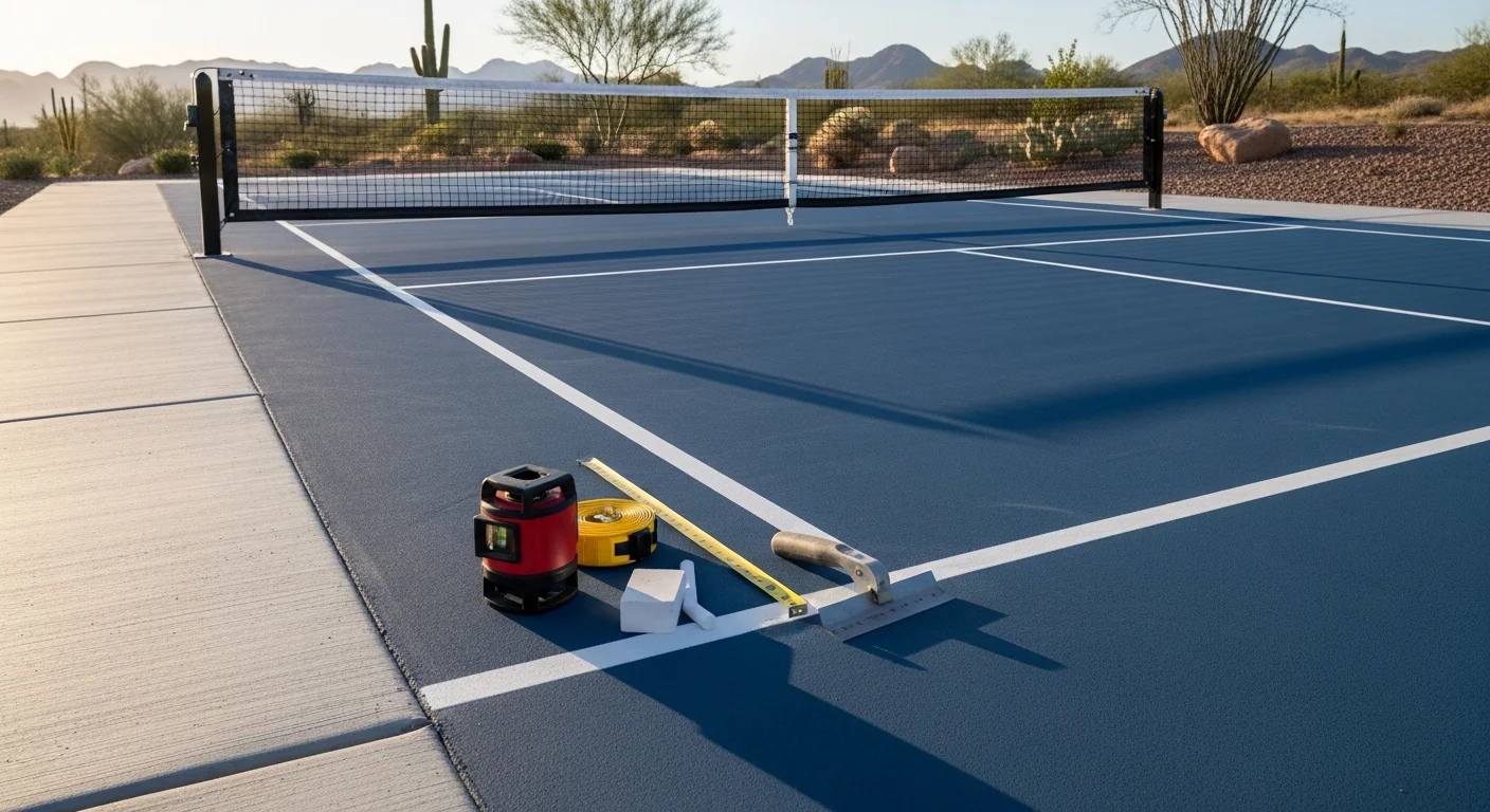 A finished backyard pickleball court installed by Xtreme Backyards Az in Gold Canyon, Arizona, showing crisp regulation line markings, a permanent net, and a UV-resistant hard-coat surface surrounded by desert landscaping. The court is oriented north to south with open sky and Superstition Mountain foothills visible in the background.